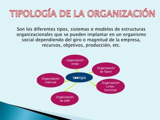 Son los diferentes tipos, sistemas o modelos de estructuras
organizacionales que se pueden implantar en un organismo
social dependiendo del giro o magnitud de la empresa,
recursos, objetivos, producción, etc.
 