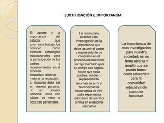 JUSTIFICACIÓN E IMPORTANCIA
El aporte y la
importancia del
estudio que
tuvo este trabajo fue
conocer como
formular estrategias
educacionales para
la participación de los
padres y
representantes en el
proceso
educativo eliminar
mejorar la redacción.
tu discurso debe ser
en tercera persona,
no en primera
persona, esos son
juicios de valor, o
posturas personales.
La razón para
realizar esta
investigación es la
importancia que
debe asumir el padre
y representante de
integrarse en el
proceso educativo de
su representado que
se corrija ese flagelo,
hacer que cada
padres, madre o
representante
asuman su error y
reconozcan la
importancia de vivir
cada experiencia
educativa de su niño
o niña en el entorno
educativo
La importancia de
esta investigación
para nuestra
sociedad, es un
tema abierto y
amplio que se
puede tomar
como referencia
para la
comunidad
educativa de
cualquier
localidad
 