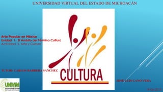 UNIVERSIDAD VIRTUAL DEL ESTADO DE MICHOACÁN
Arte Popular en México
Unidad 1. El Ámbito del Término Cultura
Actividad 2. Arte y Cultura
TUTOR: CARLOS BARRERA SANCHEZ
JOSÉ LUIS CANO VERA
19-06-2015
 