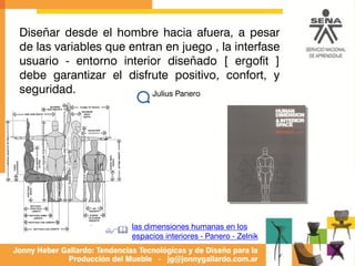 Diseñar desde el hombre hacia afuera, a pesar
de las variables que entran en juego , la interfase
usuario - entorno interior diseñado [ ergofit ]
debe garantizar el disfrute positivo, confort, y
seguridad. Julius Panero
$& las dimensiones humanas en los
espacios interiores - Panero - Zelnik
 