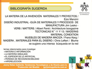 BIBLIOGRAFÍA SUGERIDA
LA MATERIA DE LA INVENCIÓN MATERIALES Y PROYECTOS /
Ezio Manzini
DISEÑO INDUSTRIAL -GUÍA DE MATERIALES Y PROCESOS DE
MANUFACTURA Jim Lesko -
VERB / MATTERS / Albert Ferré / Architecture boogazine
TECTONICAS N˚ 11 Y 13 / MADERAS
MATERIAL CONEXTION
temas relacionados para investigar
+MATERIA E INFORMACIÓN
+LA MATERIA SIMULADA
+EL ESPESOR DE LO ARTIFICIAL
+PERDIDA DE RECOGNOSCIBILIDAD
+HIPERELECCION
MUEBLES DE MADERA MACIZA / Franz Karg /
MADERA , MATERIALES PARA EL DISEÑO / Chris Lefteri / Blume
se sugiere una intensa búsqueda en la red
 