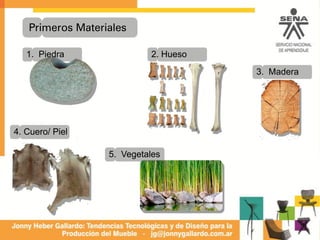 1. Piedra
Primeros Materiales
2. Hueso
3. Madera
4. Cuero/ Piel
5. Vegetales
 