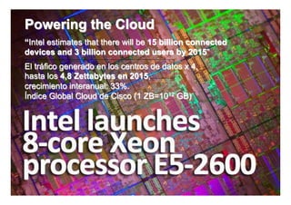 Powering the Cloud
“Intel estimates that there will be 15 billion connected
devices and 3 billion connected users by 2015”
El tráfico generado en los centros de datos x 4,
hasta los 4,8 Zettabytes en 2015,
crecimiento interanual: 33%.
Índice Global Cloud de Cisco (1 ZB=1012 GB)




                                                           10
                                                                10
 