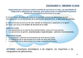 ESCENARIO C: BROKER CLOUD
   Organización que contrata un número elevado de servicios en la nube, con necesidades de
      integración y adaptación de requisitos, pero quiere evitar la complejidad de gestionar
                       multitud de proveedores de servicios en la nube.

El cliente compra directamente, como en el escenario anterior, las aplicaciones de alta
estandarización, sin la intervención de un distribuidor, generalmente, al fabricante de software.

El cliente contrata los servicios de valor añadido de integración y adaptación a un agente
del canal, que actúa como broker de servicios en la nube.

SERVICIOS CLOUD
•  Las aplicaciones en la nube de alta estandarización, como en el caso anterior:
•  Las aplicaciones de gestión, estandarizadas o especializadas, sectorial o funcionalmente.

SERVICIOS DE VALOR
•  La evaluación y selección de proveedores de servicios en la nube.
•  La integración de las aplicaciones en la nube con otras del cliente
•  La adaptación de las aplicaciones en la nube a requisitos del cliente




ACTORES: consultores tecnológicos o de negocio, los mayoristas y los
integradores de aplicaciones.                                                                23
                                                                                                    23
 