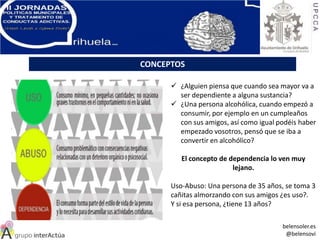 CONCEPTOS
 ¿Alguien piensa que cuando sea mayor va a
ser dependiente a alguna sustancia?
 ¿Una persona alcohólica, cuando empezó a
consumir, por ejemplo en un cumpleaños
con sus amigos, así como igual podéis haber
empezado vosotros, pensó que se iba a
convertir en alcohólico?
El concepto de dependencia lo ven muy
lejano.
Uso-Abuso: Una persona de 35 años, se toma 3
cañitas almorzando con sus amigos ¿es uso?.
Y si esa persona, ¿tiene 13 años?
belensoler.es
@belensovi
 