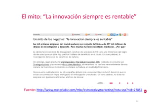 24
El mito: “La innovación siempre es rentable”El mito: “La innovación siempre es rentable”
Fuente: http://www.materiabiz....