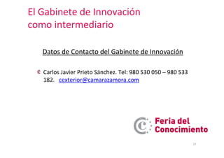 27
Datos de Contacto del Gabinete de Innovación
Carlos Javier Prieto Sánchez. Tel: 980 530 050 – 980 533
182. cexterior@ca...