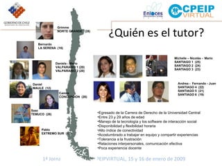 ¿Quién es el tutor? Grimme NORTE GRANDE  (28) Bernardo LA SERENA  (16) Daniela - Mario VALPARAISO 1 (20) VALPARAISO 2 (20) Michelle – Nicolás -  Mario SANTIAGO 1  (25) SANTIAGO 2  (24) SANTIAGO 3  (23) Andrea -  Fernando - Juan SANTIAGO 4  (22) SANTIAGO 5  (21) SANTIAGO 6  (19) Daniel MAULE  (12) Camila CONCEPCION  (26) Saac TEMUCO  (26) Pablo EXTREMO SUR  (17) Egresado de la Carrera de Derecho de la Universidad Central Entre 23 y 29 años de edad Manejo de la tecnología y los software de interacción social Disponibilidad y flexibilidad horaria Alto índice de conectividad Acostumbrado a trabajar en equipo y compartir experiencias Tolerancia a la frustración Relaciones interpersonales, comunicación efectiva Poca experiencia docente 