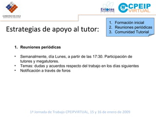 Reuniones periódicas Semanalmente, día Lunes, a partir de las 17:30. Participación de tutores y megatutores. Temas: dudas y acuerdos respecto del trabajo en los días siguientes Notificación a través de foros Estrategias de apoyo al tutor: Formación inicial Reuniones periódicas Comunidad Tutorial 