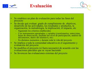 Evaluación Se establece un plan de evaluación para todas las fases del proyecto Se decide qué evaluar: grado de cumplimiento de  objetivos, desarrollo de las actividades, los resultados y productos, la organización, la metodología, la implicación, el impacto, etc Siguiendo los criterios establecidos Con instrumentos apropiados y variados (cuestionarios, entrevistas, hojas de observación, medidas del nivel de participación, análisis de documentos, diario del alumno/a, etc) En distintos momentos y durante toda la vida del proyecto Se implica a toda la comunidad educativa en el seguimiento y evaluación del proyecto Se modifica el proyecto (si fuera necesario) de acuerdo con las evaluaciones parciales que se vayan haciendo Se favorecen las evaluaciones externas del proyecto 