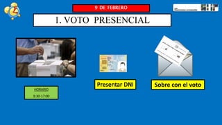 1. VOTO PRESENCIAL
Sobre con el voto
9 DE FEBRERO
HORARIO
9:30-17:00
 