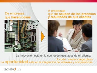 De empresas  que  hacen   cosas   La innovación está en la cuenta de resultados de mi cliente:  A corto , medio y largo plazo La  oportunidad  esta en la integracion de intereses y competencias  A   empresas  que  se ocupan de los procesos y resultados de sus clientes 