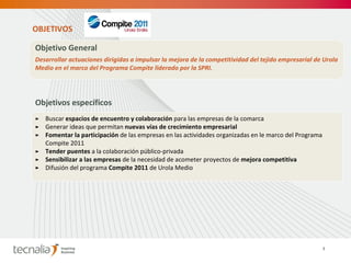 Objetivo General  Desarrollar actuaciones dirigidas a impulsar la mejora de la competitividad del tejido empresarial de Urola Medio en el marco del Programa Compite liderado por la SPRI. Objetivos específicos Buscar  espacios de encuentro y colaboración  para las empresas de la comarca Generar ideas que permitan  nuevas vías de crecimiento empresarial Fomentar la participación  de las empresas en las actividades organizadas en le marco del Programa Compite 2011 Tender puentes  a la colaboración público-privada Sensibilizar a las empresas  de la necesidad de acometer proyectos de  mejora competitiva Difusión del programa  Compite 2011  de Urola Medio OBJETIVOS 7 