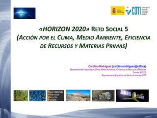 «HORIZON 2020» RETO SOCIAL 5
(ACCIÓN POR EL CLIMA, MEDIO AMBIENTE, EFICIENCIA
DE RECURSOS Y MATERIAS PRIMAS)
Carolina Rodríguez (carolina.rodriguez@cdti.es)
Representante Española de Clima, Medio Ambiente, Eficiencia de Recursos y Materias
Primas- H2020
Representante Española de Medio Ambiente– FP7

 