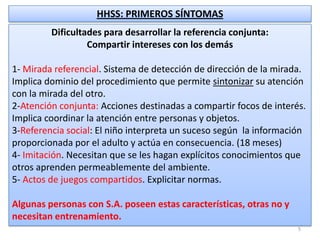 HHSS: PRIMEROS SÍNTOMAS
Dificultades para desarrollar la referencia conjunta:
Compartir intereses con los demás
1- Mirada referencial. Sistema de detección de dirección de la mirada.
Implica dominio del procedimiento que permite sintonizar su atención
con la mirada del otro.
2-Atención conjunta: Acciones destinadas a compartir focos de interés.
Implica coordinar la atención entre personas y objetos.
3-Referencia social: El niño interpreta un suceso según la información
proporcionada por el adulto y actúa en consecuencia. (18 meses)
4- Imitación. Necesitan que se les hagan explícitos conocimientos que
otros aprenden permeablemente del ambiente.
5- Actos de juegos compartidos. Explicitar normas.
Algunas personas con S.A. poseen estas características, otras no y
necesitan entrenamiento.
5

 