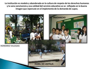 Nuestros valoresEducar al Ser Integral y TrascendenteRESPETO (TOLERANCIA) FEHONESTIDADDIALOGOSOLIDARIDAD JUSTICIARESPONSABILIDADDESARROLLO INDIVIDUALAMOR PUNTUALIDADHUMILDAD COMPROMISOLIBERTAD SERVICIOLEALTAD AUTONOMIA