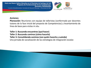  Acciones:Planeación: Reuniones con equipo de talleristas (conformado por docentes tutores de la fase inicial del proyecto de Competencias) y levantamiento de línea de base para visitas in situ.Taller 1: Buscando encuentros (qué hacer)Taller 2: Buscando caminos (cómo hacerlo)Taller 3: Consolidando caminos (con quién hacerlo y cuándo)Una jornada de socialización de las estrategias de integración escolar.