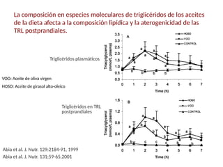 La composición en especies moleculares de triglicéridos de los aceites
de la dieta afecta a la composición lipídica y la aterogenicidad de las
TRL postprandiales.
Abia et al. J. Nutr. 131:59-65,2001
Abia et al. J. Nutr. 129:2184-91, 1999
VOO: Aceite de oliva virgen
HOSO: Aceite de girasol alto-oleico
Triglicéridos plasmáticos
Triglicéridos en TRL
postprandiales
 