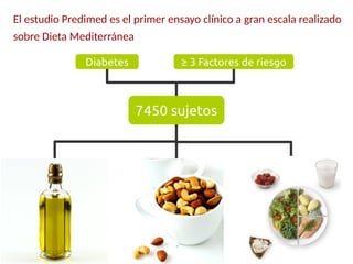 El estudio Predimed es el primer ensayo clínico a gran escala realizado
sobre Dieta Mediterránea
7450 sujetos
Diabetes ≥ 3...