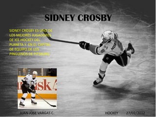 SIDNEY CROSBY
SIDNEY CROSBY ES UNO DE
LOS MEJORES JUGADORES
DE ICE HOCKEY DEL
PLANETA Y EN EL CAPITAL
DE EQUIPO DE LOS
PINGUINOS DE PITSBURG




     JUAN JOSE VARGAS C.     HOCKEY   27/02/2012
 