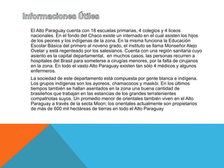 El Alto Paraguay cuenta con 18 escuelas primarias, 4 colegios y 4 liceos 
nacionales. En el fondo del Chaco existe un internado en el cual asisten los hijos 
de los peones y los indígenas de la zona. En la misma funciona la Educación 
Escolar Básica del primero al noveno grado, el instituto se llama Monseñor Alejo 
Ovelar y está regenteado por los salesianos. Cuenta con una región sanitaria cuyo 
asiento es la capital departamental, en muchos casos, las personas recurren a 
hospitales del Brasil para someterse a cirugías menores, por la falta de cirujanos 
en la zona. En todo el vasto Alto Paraguay existen tan sólo 4 médicos y algunos 
enfermeros. 
La sociedad de este departamento está compuesta por gente blanca e indígena. 
Los grupos indígenas son los ayoreos, chamacocos y maskói. En los últimos 
tiempos también se hallan asentados en la zona una buena cantidad de 
brasileños que trabajan en las estancias de los grandes terratenientes 
compatriotas suyos. Un promedio menor de orientales también viven en el Alto 
Paraguay a través de la secta Moon; los orientales actualmente son propietarios 
de más de 600 mil hectáreas de tierras en todo el Alto Paraguay 
 