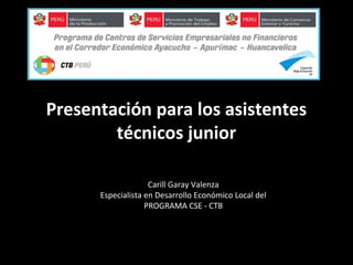Presentación para los asistentes
técnicos junior
Carill Garay Valenza
Especialista en Desarrollo Económico Local del
PROGRAMA CSE - CTB
 