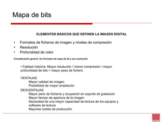 ELEMENTOS BÁSICOS QUE DEFINEN LA IMAGEN DIGITAL Formatos de ficheros de imagen y niveles de compresión Resolución Profundidad de color Consideración general  los formatos de mapa de bit y sus resolución  Mapa de bits Calidad máxima: Mayor resolución / menor compresión / mayor profundidad de bits = mayor peso de fichero VENTAJAS  Mayor calidad de imagen  Posibilidad de mayor ampliación DESVENTAJAS Mayor peso de ficheros y ocupación en soporte de grabación Mayor tiempo de apertura de la imagen Necesidad de una mayor capacidad de lectura de los equipos y software de lectura Mayores costes de producción 