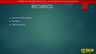 CENTRO DE ESTUDIOS TÉCNICOS Y AVANZADOS DE CHIMALTENANGO

RECURSOS


Láminas Educativas



Revistas



Tijera y goma

 