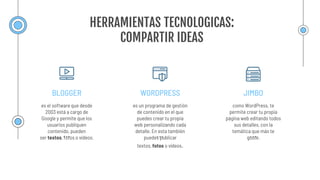 HERRAMIENTAS TECNOLOGICAS:
COMPARTIR IDEAS
WORDPRESS
BLOGGER JIMBO
es un programa de gestión
de contenido en el que
puedes crear tu propia
web personalizando cada
detalle. En esta también
puedes publicar
textos, fotos o vídeos.
es el software que desde
2003 está a cargo de
Google y permite que los
usuarios publiquen
contenido, pueden
ser textos, fotos o vídeos.
como WordPress, te
permite crear tu propia
página web editando todos
sus detalles, con la
temática que más te
guste.
 