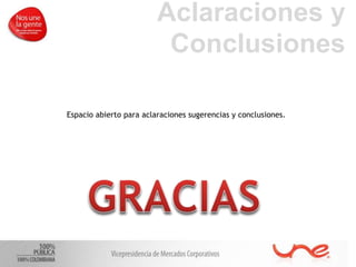 Espacio abierto para aclaraciones sugerencias y conclusiones.
Aclaraciones y
Conclusiones
 