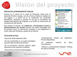 Visión del proyecto
PROCESO DE ACOMPAÑAMIENTO FAMILIAR
Proceso en el marco de la Línea de Promoción Social para el
desarrollo Familiar y grupal, con él se inicia y finaliza el trabajo con
los hogares y a través de él se evidencian las situaciones
individuales, familiares y sociales en las que se encuentran los
Hogares participantes del Programa y se facilita la construcción de
sus planes de vida familiar.
Para realizar el proceso, los Cogestores, Coordinadores locales y
Administradores del sistema cuentan con ayuda tecnológica que
les permite reunir la información necesaria, y así diagnosticar y
tratar cada caso individual y grupal de las familias.
SITUALCIÓN ACTUAL
-Ejecución desde dispositivo PDA.
-No hay continuidad en la ayuda tecnológica
durante todos los datos del proceso.
-No es secuencial, permite ejecutar pasos
diferentes al del momento inmediato.
-Poco practico (Interface Sobrecargada).
-Actualizaciones locales por dispositivo.
Proceso dispendioso.
-Se presentan reportes de datos
inconsistentes.
-Hadware y procesamiento obsoleto. Timepos
de captura elevados.
 