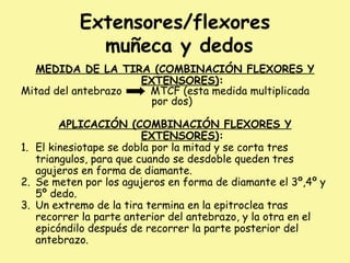 Extensores/flexores
muñeca y dedos
MEDIDA DE LA TIRA (COMBINACIÓN FLEXORES Y
EXTENSORES):
Mitad del antebrazo MTCF (esta medida multiplicada
por dos)
APLICACIÓN (COMBINACIÓN FLEXORES Y
EXTENSORES):
1. El kinesiotape se dobla por la mitad y se corta tres
triangulos, para que cuando se desdoble queden tres
agujeros en forma de diamante.
2. Se meten por los agujeros en forma de diamante el 3º,4º y
5º dedo.
3. Un extremo de la tira termina en la epitroclea tras
recorrer la parte anterior del antebrazo, y la otra en el
epicóndilo después de recorrer la parte posterior del
antebrazo.
 