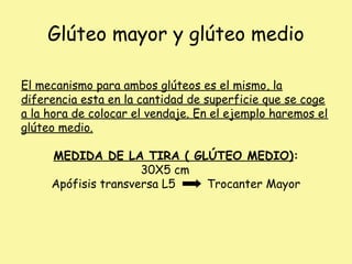 Glúteo mayor y glúteo medio
El mecanismo para ambos glúteos es el mismo, la
diferencia esta en la cantidad de superficie que se coge
a la hora de colocar el vendaje. En el ejemplo haremos el
glúteo medio.
MEDIDA DE LA TIRA ( GLÚTEO MEDIO):
30X5 cm
Apófisis transversa L5 Trocanter Mayor
 