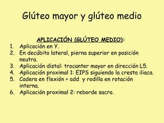 Glúteo mayor y glúteo medio
APLICACIÓN (GLÚTEO MEDIO):
1. Aplicación en Y.
2. En decúbito lateral, pierna superior en posición
neutra.
3. Aplicación distal: trocanter mayor en dirección L5.
4. Aplicación proximal 1: EIPS siguiendo la cresta iliaca.
5. Cadera en flexión + add y rodilla en rotación
interna.
6. Aplicación proximal 2: reborde sacro.
 