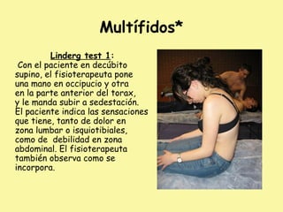 Multífidos*
Linderg test 1:
Con el paciente en decúbito
supino, el fisioterapeuta pone
una mano en occipucio y otra
en la parte anterior del torax,
y le manda subir a sedestación.
El paciente indica las sensaciones
que tiene, tanto de dolor en
zona lumbar o isquiotibiales,
como de debilidad en zona
abdominal. El fisioterapeuta
también observa como se
incorpora.
 