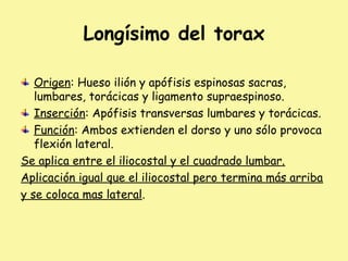 Longísimo del torax
Origen: Hueso ilión y apófisis espinosas sacras,
lumbares, torácicas y ligamento supraespinoso.
Inserción: Apófisis transversas lumbares y torácicas.
Función: Ambos extienden el dorso y uno sólo provoca
flexión lateral.
Se aplica entre el iliocostal y el cuadrado lumbar.
Aplicación igual que el iliocostal pero termina más arriba
y se coloca mas lateral.
 