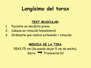 Longísimo del torax
TEST MUSCULAR:
1. Paciente en decúbito prono.
2. Cabeza en rotación homolateral.
3. Ordenarle que realice extensión + rotación.
MEDIDA DE LA TIRA:
55X3.75 cm (Se puede dejar 5 cm de ancho)
Sacro Transversa D1
 