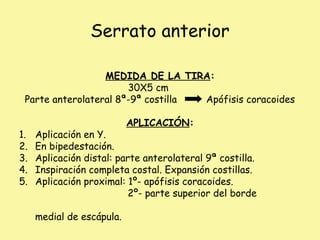 Serrato anterior
MEDIDA DE LA TIRA:
30X5 cm
Parte anterolateral 8ª-9ª costilla Apófisis coracoides
APLICACIÓN:
1. Aplicación en Y.
2. En bipedestación.
3. Aplicación distal: parte anterolateral 9ª costilla.
4. Inspiración completa costal. Expansión costillas.
5. Aplicación proximal: 1º- apófisis coracoides.
2º- parte superior del borde
medial de escápula.
 