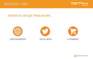 OBJETIVOS Y KPIs
@gmkunlimited
ÁMBITOS EN LOS QUE TRABAJAR KPIs
POSICIONAMIENTO E-COMMERCESOCIAL MEDIA
 