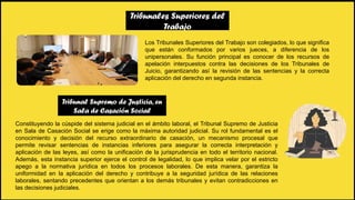 Tribunales Superiores del
Trabajo
Los Tribunales Superiores del Trabajo son colegiados, lo que significa
que están conformados por varios jueces, a diferencia de los
unipersonales. Su función principal es conocer de los recursos de
apelación interpuestos contra las decisiones de los Tribunales de
Juicio, garantizando así la revisión de las sentencias y la correcta
aplicación del derecho en segunda instancia.
Tribunal Supremo de Justicia, en
Sala de Casación Social
Constituyendo la cúspide del sistema judicial en el ámbito laboral, el Tribunal Supremo de Justicia
en Sala de Casación Social se erige como la máxima autoridad judicial. Su rol fundamental es el
conocimiento y decisión del recurso extraordinario de casación, un mecanismo procesal que
permite revisar sentencias de instancias inferiores para asegurar la correcta interpretación y
aplicación de las leyes, así como la unificación de la jurisprudencia en todo el territorio nacional.
Además, esta instancia superior ejerce el control de legalidad, lo que implica velar por el estricto
apego a la normativa jurídica en todos los procesos laborales. De esta manera, garantiza la
uniformidad en la aplicación del derecho y contribuye a la seguridad jurídica de las relaciones
laborales, sentando precedentes que orientan a los demás tribunales y evitan contradicciones en
las decisiones judiciales.
 