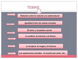 Fernando de Rojas la llamó Tragicomedia porque en la obra de dan temas  personajes propios de la tragedia griega (los ricos enamorados) y de la comedia que provenía del petrarquismo italiano( criados, rufianes y mujeres de mal vivir).TEMASRelación entre lo natural y lo sobrenaturalIgualdad entre las clases socialesEl amor, y la pasión carnalLa codicia, la avaricia y el dineroLa brujería, la magia y la fortunaLas apariencias sociales , la muerte por amor, etc…