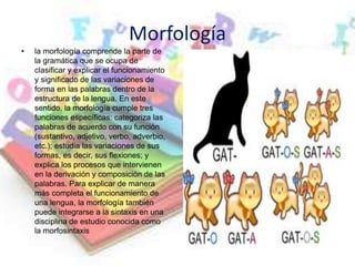 Morfología
• la morfología comprende la parte de
la gramática que se ocupa de
clasificar y explicar el funcionamiento
y significado de las variaciones de
forma en las palabras dentro de la
estructura de la lengua. En este
sentido, la morfología cumple tres
funciones específicas: categoriza las
palabras de acuerdo con su función
(sustantivo, adjetivo, verbo, adverbio,
etc.); estudia las variaciones de sus
formas, es decir, sus flexiones; y
explica los procesos que intervienen
en la derivación y composición de las
palabras. Para explicar de manera
más completa el funcionamiento de
una lengua, la morfología también
puede integrarse a la sintaxis en una
disciplina de estudio conocida como
la morfosintaxis
 