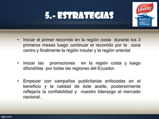 5.- Estrategias
• Iniciar el primer recorrido en la región costa durante los 3
primeros meses luego continuar el recorrido por la zona
centro y finalmente la región insular y la región oriental
• Iniciar las promociones en la región costa y luego
difundirlas por todas las regiones del Ecuador.
• Empezar con campañas publicitarias enfocadas en el
beneficio y la calidad de éste aceite, posteriormente
reflejaría la confiabilidad y nuestro liderazgo el mercado
nacional.

 