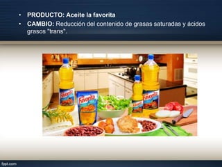 • PRODUCTO: Aceite la favorita
• CAMBIO: Reducción del contenido de grasas saturadas y ácidos
grasos "trans".

 