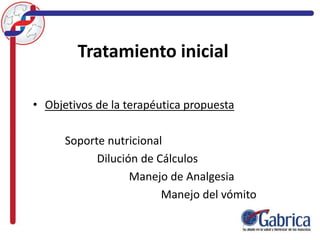 Tratamiento inicial
• Objetivos de la terapéutica propuesta
Soporte nutricional
Dilución de Cálculos
Manejo de Analgesia
Manejo del vómito
 