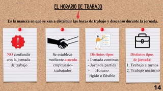 EL HORARIO DE TRABAJO
Es la manera en que se van a distribuir las horas de trabajo y descanso durante la jornada.
NO confundir
con la jornada
de trabajo
Se establece
mediante acuerdo
empresario-
trabajador
Distintos tipos:
- Jornada continua
- Jornada partida
- Horario
rígido o fléxible
Distintos tipos
de jornada:
1. Trabajo a turnos
2. Trabajo nocturno
14
 