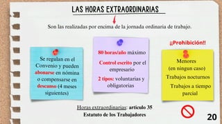 LAS HORAS EXTRAORDINARIAS
Se regulan en el
Convenio y pueden
abonarse en nómina
o compensarse en
descanso (4 meses
siguientes)
80 horas/año máximo
Son las realizadas por encima de la jornada ordinaria de trabajo.
Menores
(en ningun caso)
Trabajos nocturnos
Trabajos a tiempo
parcial
Control escrito por el
empresario
2 tipos: voluntarias y
obligatorias
¡¡Prohibición!!
Horas extraordinarias: artículo 35
Estatuto de los Trabajadores
20
 