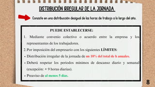 PUEDE ESTABLECERSE:
Mediante convenio colectivo o acuerdo entre la empresa y los
representantes de los trabajadores.
1.
Por imposición del empresario con los siguientes LÍMITES:
2.
Distribución irregular de la jornada de un 10% del total de h anuales.
Deberá respetar los periodos mínimos de descanso diario y semanal
(excepción: + 9 horas diarias).
Preaviso de al menos 5 días.
DISTRIBUCIÓN IRREGULAR DE LA JORNADA
Consiste en una distribucción desigual de las horas de trabajo a lo largo del año.
8
 