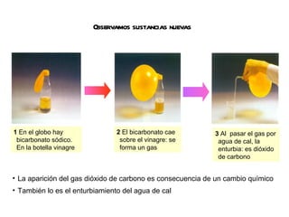 Observamos sustancias nuevas La aparición del gas dióxido de carbono es consecuencia de un cambio químico También lo es el enturbiamiento del agua de cal 1  En el globo hay bicarbonato sódico. En la botella vinagre 2  El bicarbonato cae sobre el vinagre: se forma un gas 3  Al  pasar el gas por agua de cal, la enturbia: es dióxido de carbono  