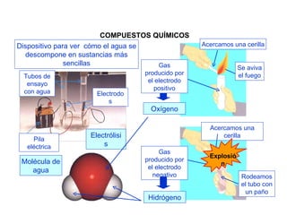 Dispositivo para ver  cómo el agua se descompone en sustancias más sencillas COMPUESTOS QUÍMICOS Electrólisis Oxígeno Hidrógeno Molécula de agua Acercamos una cerilla Acercamos una cerilla Gas producido por el electrodo negativo Rodeamos el tubo con un paño Gas producido por el electrodo positivo Explosión Se aviva el fuego Tubos de ensayo con agua Electrodos Pila eléctrica 